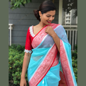 Mint Blue Pure Khaddi Banarasi Silk Saree in Chiffon woven in Silver Zari