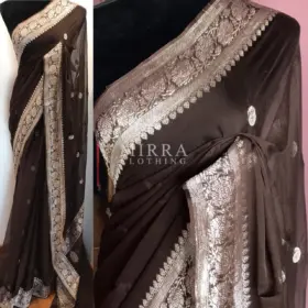 Dark Brown Pure Khaddi Banarasi Silk Saree in Chiffon woven in Silver Zari