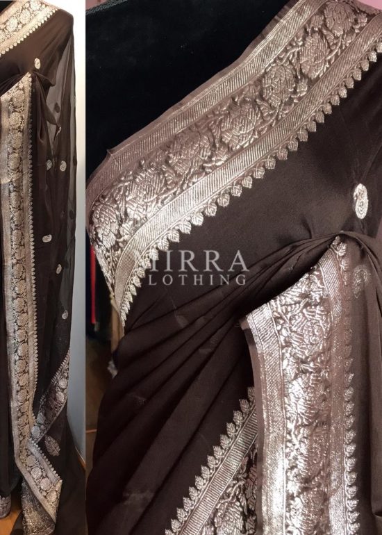 Dark Brown Pure Khaddi Banarasi Silk Saree in Chiffon woven in Silver Zari