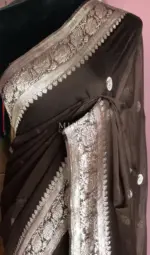 Dark Brown Pure Khaddi Banarasi Silk Saree in Chiffon woven in Silver Zari - Image 3