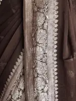 Dark Brown Pure Khaddi Banarasi Silk Saree in Chiffon woven in Silver Zari - Image 4