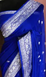 Royal Blue Pure Khaddi Banarasi Silk Saree in Chiffon woven in Silver Zari - Image 3