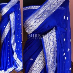 Royal Blue Pure Khaddi Banarasi Silk Saree in Chiffon woven in Silver Zari