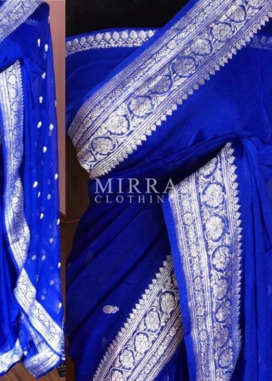 Royal Blue Pure Khaddi Banarasi Silk Saree in Chiffon woven in Silver Zari