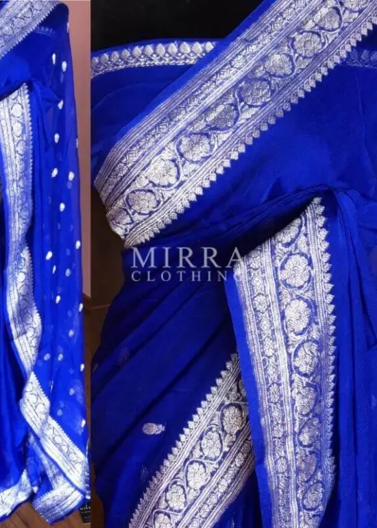 Royal Blue Pure Khaddi Banarasi Silk Saree in Chiffon woven in Silver Zari