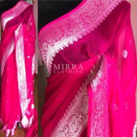 Rani Pink Banarasi Silk Saree in Pure Khaddi Chiffon