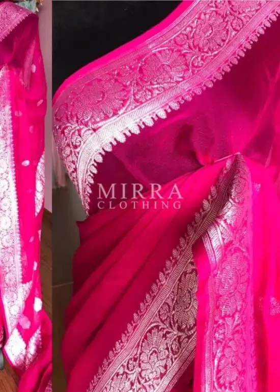 Rani Pink Banarasi Silk Saree in Pure Khaddi Chiffon