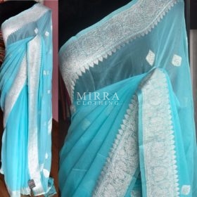 Baby Blue Pure Khaddi Banarasi Silk Saree in Chiffon woven in Silver Zari