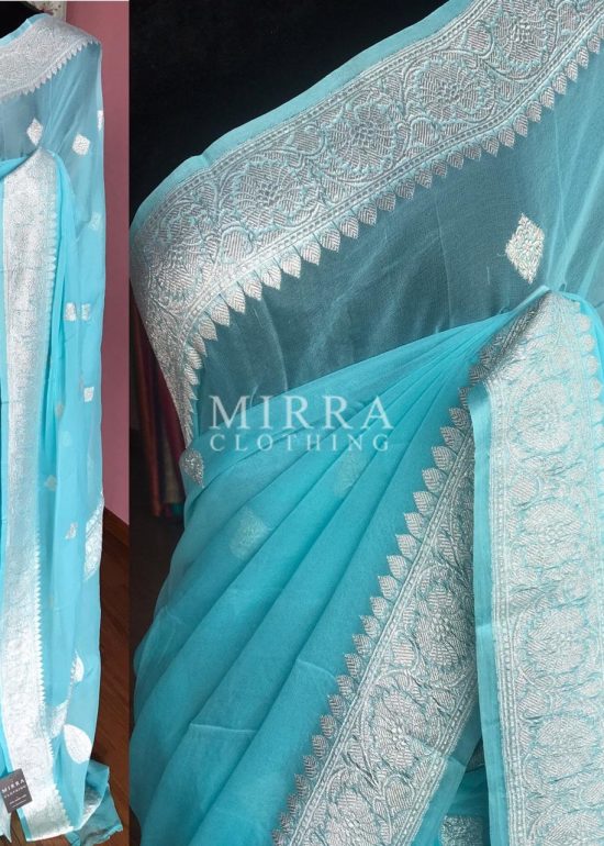 Baby Blue Pure Khaddi Banarasi Silk Saree in Chiffon woven in Silver Zari
