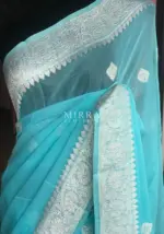Baby Blue Pure Khaddi Banarasi Silk Saree in Chiffon woven in Silver Zari - Image 2