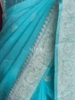 Baby Blue Pure Khaddi Banarasi Silk Saree in Chiffon woven in Silver Zari - Image 4