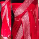 Scarlet Red Pure Khaddi Banarasi Silk Saree in Chiffon woven in Silver Zari - Image 2