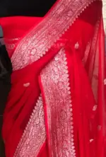 Scarlet Red Pure Khaddi Banarasi Silk Saree in Chiffon woven in Silver Zari - Image 3