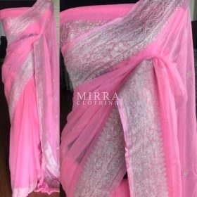 Rose Pink Pure Khaddi Banarasi Silk Saree in Chiffon woven in Silver Zari