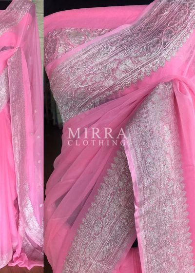 Rose Pink Pure Khaddi Banarasi Silk Saree in Chiffon woven in Silver Zari