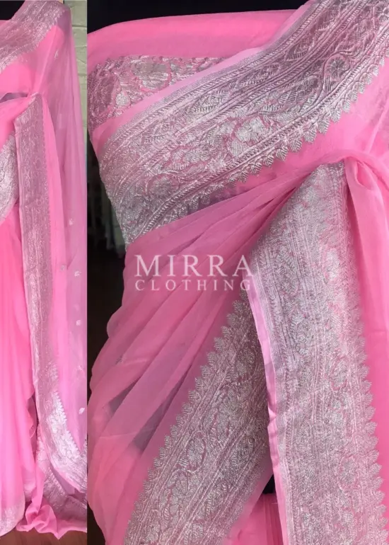 Rose Pink Pure Khaddi Banarasi Silk Saree in Chiffon woven in Silver Zari