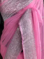 Rose Pink Pure Khaddi Banarasi Silk Saree in Chiffon woven in Silver Zari - Image 2