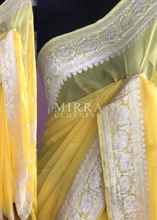 Butter Yellow Pure Khaddi Banarasi Silk Saree in Chiffon woven in Silver Zari