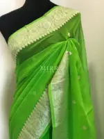 Bright Green Pure Khaddi Banarasi Silk Saree in Chiffon woven in Silver Zari - Image 2
