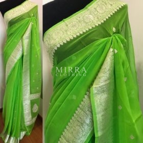Bright Green Pure Khaddi Banarasi Silk Saree in Chiffon woven in Silver Zari