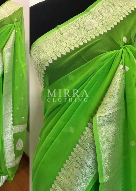 Bright Green Pure Khaddi Banarasi Silk Saree in Chiffon woven in Silver Zari