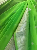 Bright Green Pure Khaddi Banarasi Silk Saree in Chiffon woven in Silver Zari - Image 4