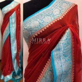 Crimson Red Pure Khaddi Banarasi Silk Saree in Chiffon woven in Silver Zari