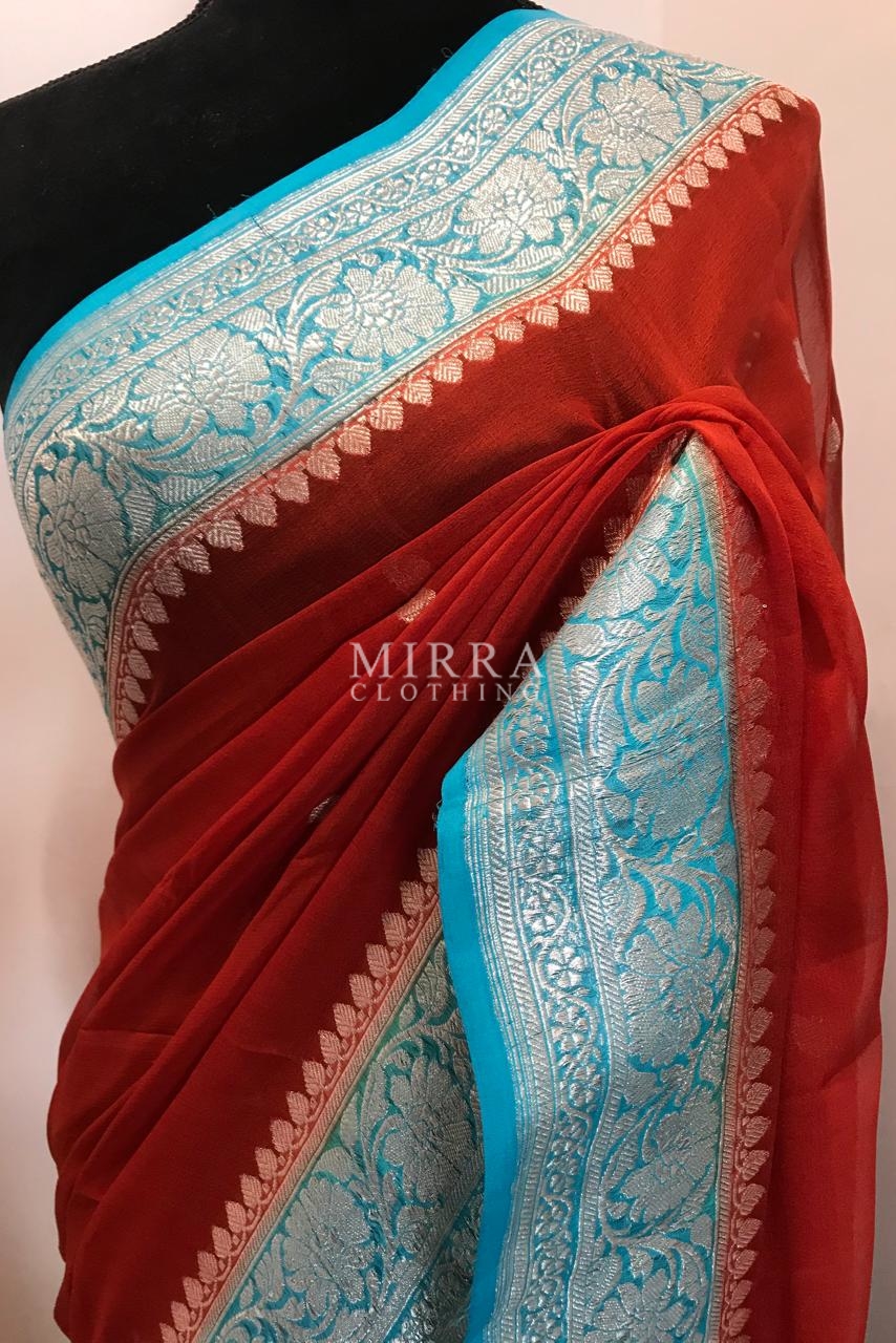 Maroon Pure Soft Border Work Glowing Georgette Silk Wholesale Designer Saree  Catalog, Blouse Fabric: Weaving Blouse