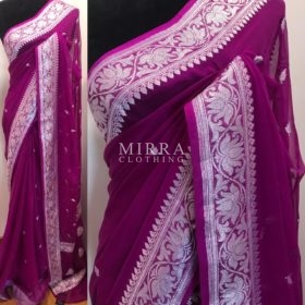 Plum Pink Pure Khaddi Banarasi Silk Saree in Chiffon woven in Silver Zari