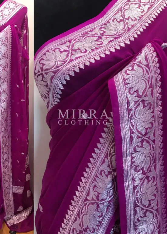 Plum Pink Pure Khaddi Banarasi Silk Saree in Chiffon woven in Silver Zari