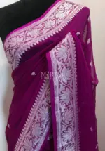 Plum Pink Pure Khaddi Banarasi Silk Saree in Chiffon woven in Silver Zari - Image 3