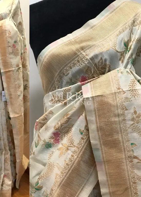 White Banarasi Silk Saree with Gold Zari Weaves