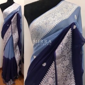 Navy Blue Pure Khaddi Banarasi Silk Saree in Chiffon Woven with Silver Zari Buttas