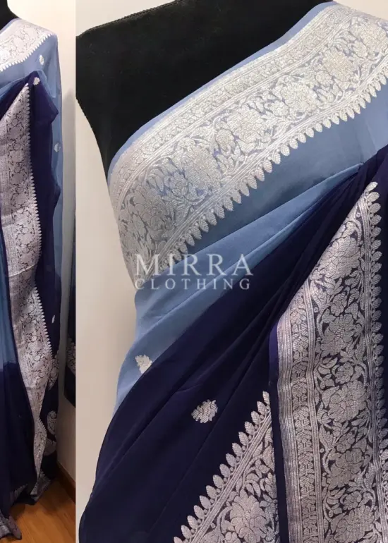 Navy Blue Pure Khaddi Banarasi Silk Saree in Chiffon Woven with Silver Zari Buttas