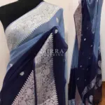 Navy Blue Pure Khaddi Banarasi Silk Saree in Chiffon Woven with Silver Zari Buttas - Image 2