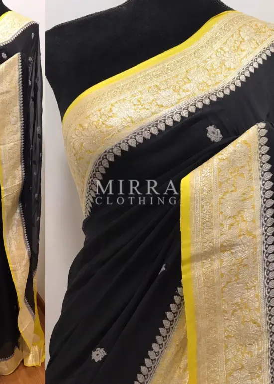 Black Pure Khaddi Banarasi Silk Saree in Chiffon Woven with Silver Zari Buttas