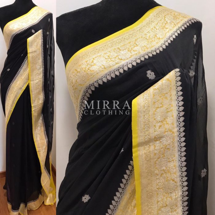 Black Pure Khaddi Banarasi Silk Saree in Chiffon Woven with Silver Zari Buttas