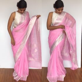 Baby Pink Pure Khaddi Banarasi Silk Saree in Chiffon woven in Silver Zari