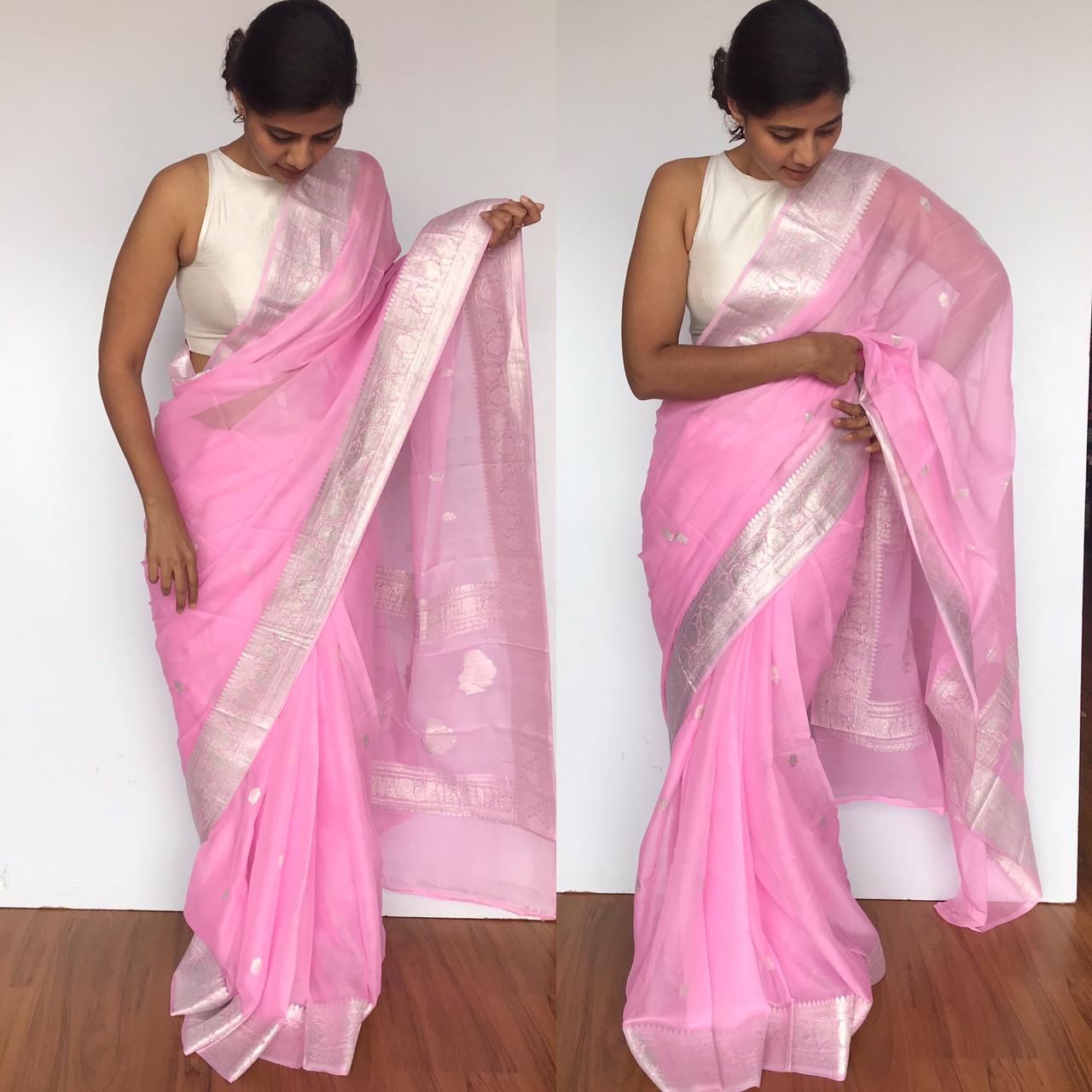 Buy the magnificent Rose Pink Georgette Designer Saree online-Karagiri