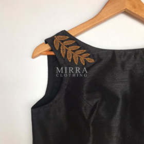 Black Raw Silk Blouse with Hand Embroidery