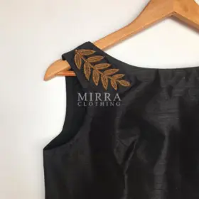 Black Raw Silk Blouse with Hand Embroidery