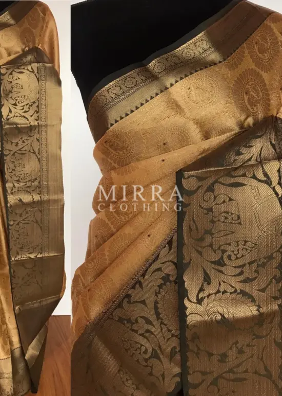 Gold Kora Silk Saree with Gold Zari Weaves with Peacock Motifs