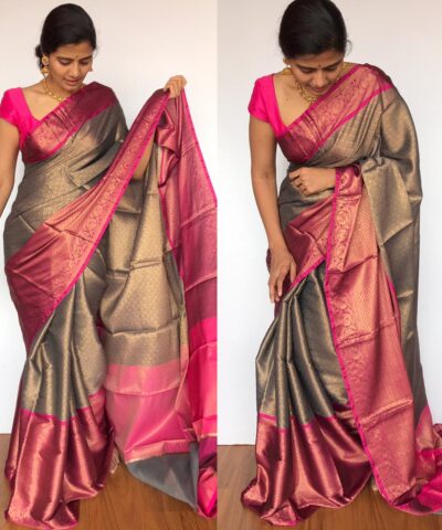 Grey Chanderi Silk Saree with Antique Gold Zari Weaves