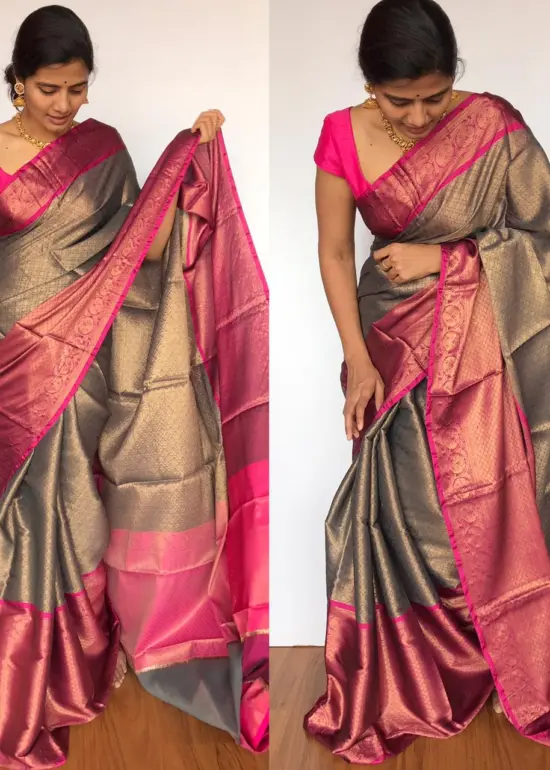 Grey Chanderi Silk Saree with Antique Gold Zari Weaves