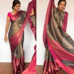 Grey Chanderi Silk Saree with Antique Gold Zari Weaves - Image 8