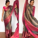 Grey Chanderi Silk Saree with Antique Gold Zari Weaves - Image 6