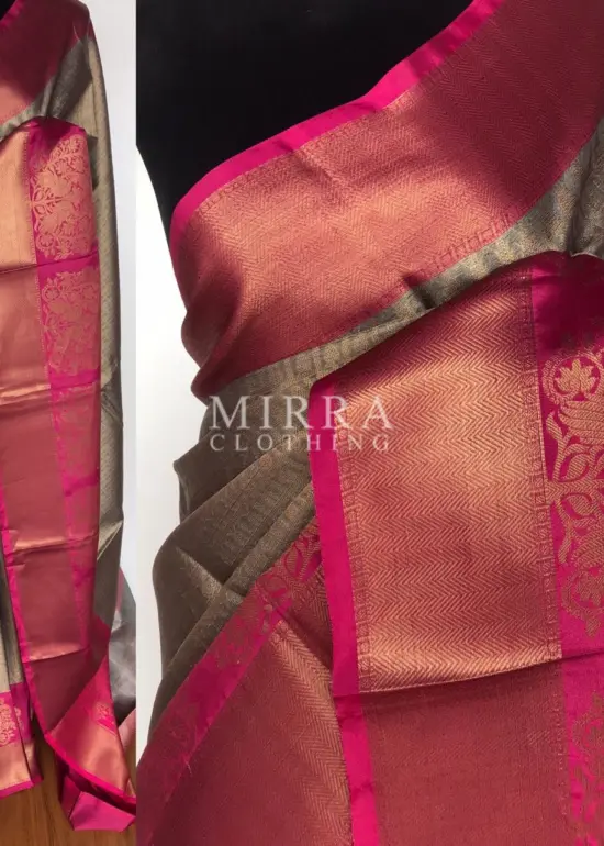 Grey Kora Silk Saree with Gold Zari Weaves