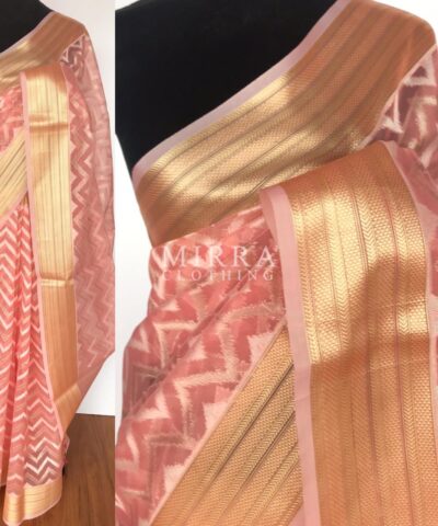 Peach Kora Silk Saree with Zari Weaves
