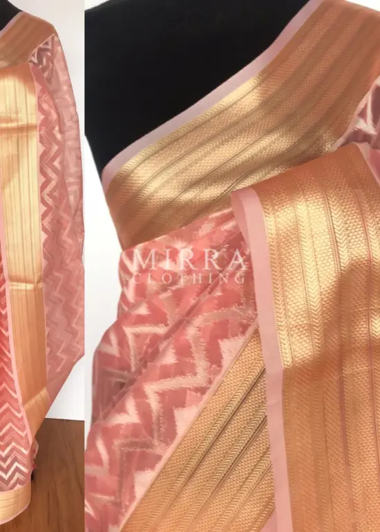 Peach Kora Silk Saree with Zari Weaves
