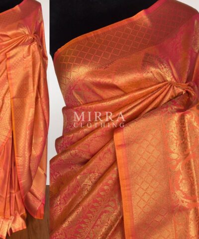 Coral Peach Banarasi Silk Saree with gold zari weaves